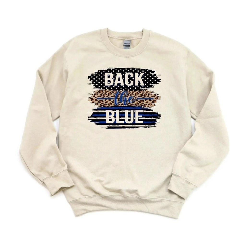 Back the Blue Leopard American Flag Graphic Sweatshirt | Neutral Crewneck